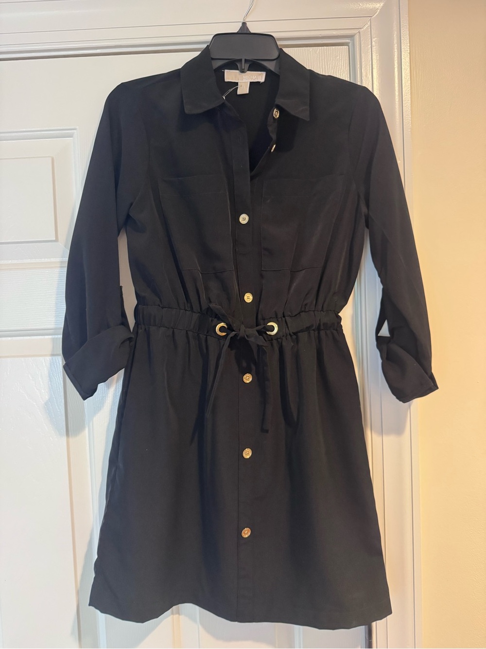 Michael Kors Black W/ Gold Button Dress w/ Drawstring Waist Slimming / Size XS